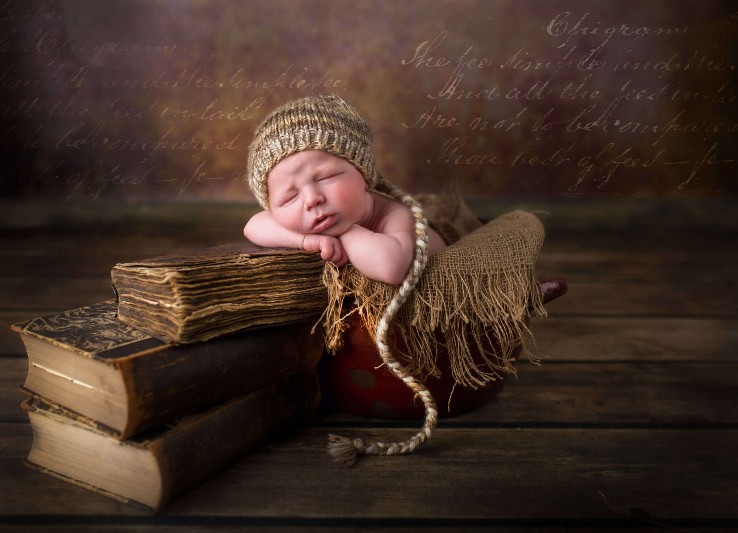 newbornfoto mit büchern im vintagstyle